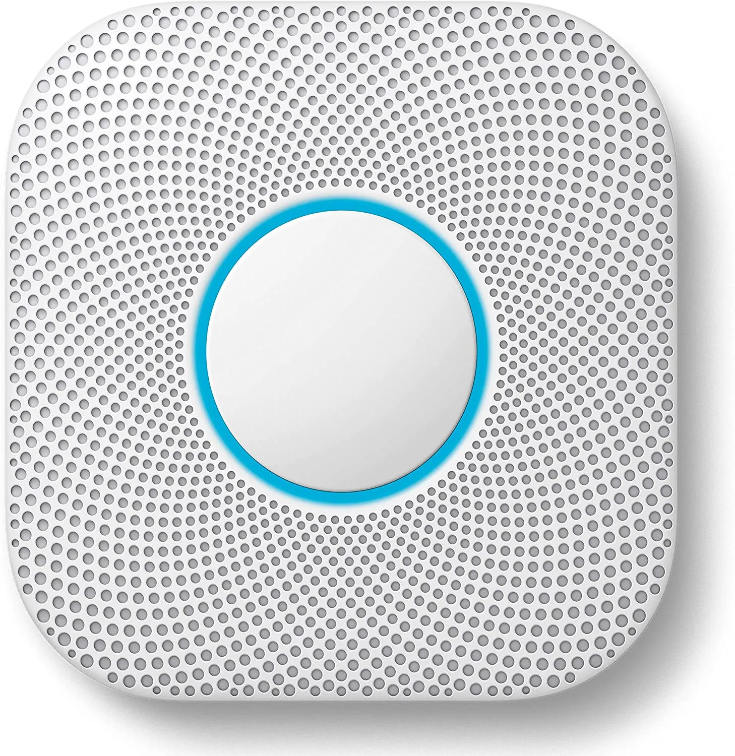 Google Nest Protect smoke and CO alarm, a white round unit with a blue light ring.