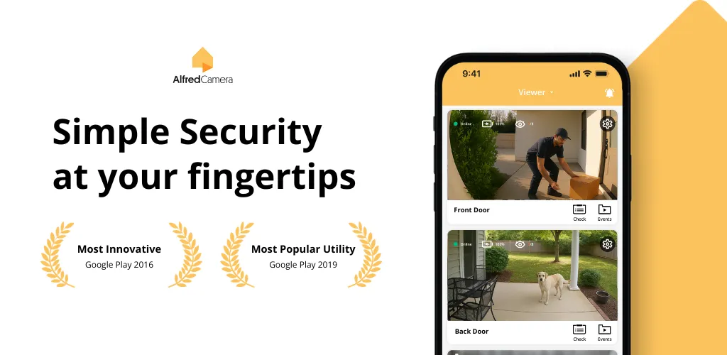 AlfredCamera app showing live views of a front door and a back door camera