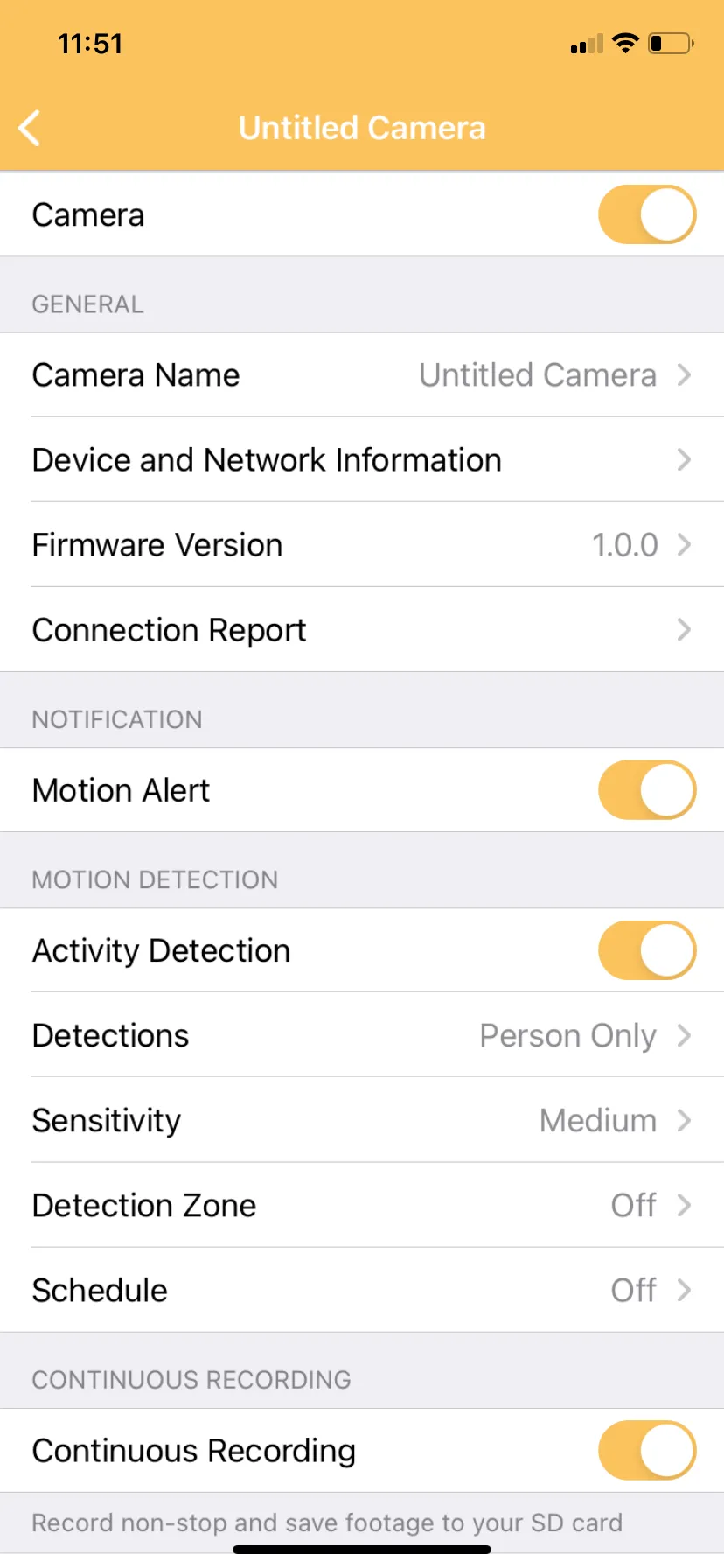 AlfredCam Plus setting screen (motion detection).
