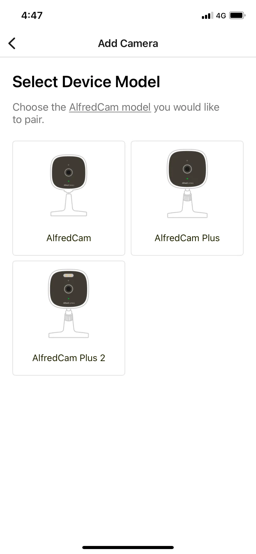 AlfredCamera app Select Device Model screen listing AlfredCam, AlfredCam Plus and AlfredCam Plus 2