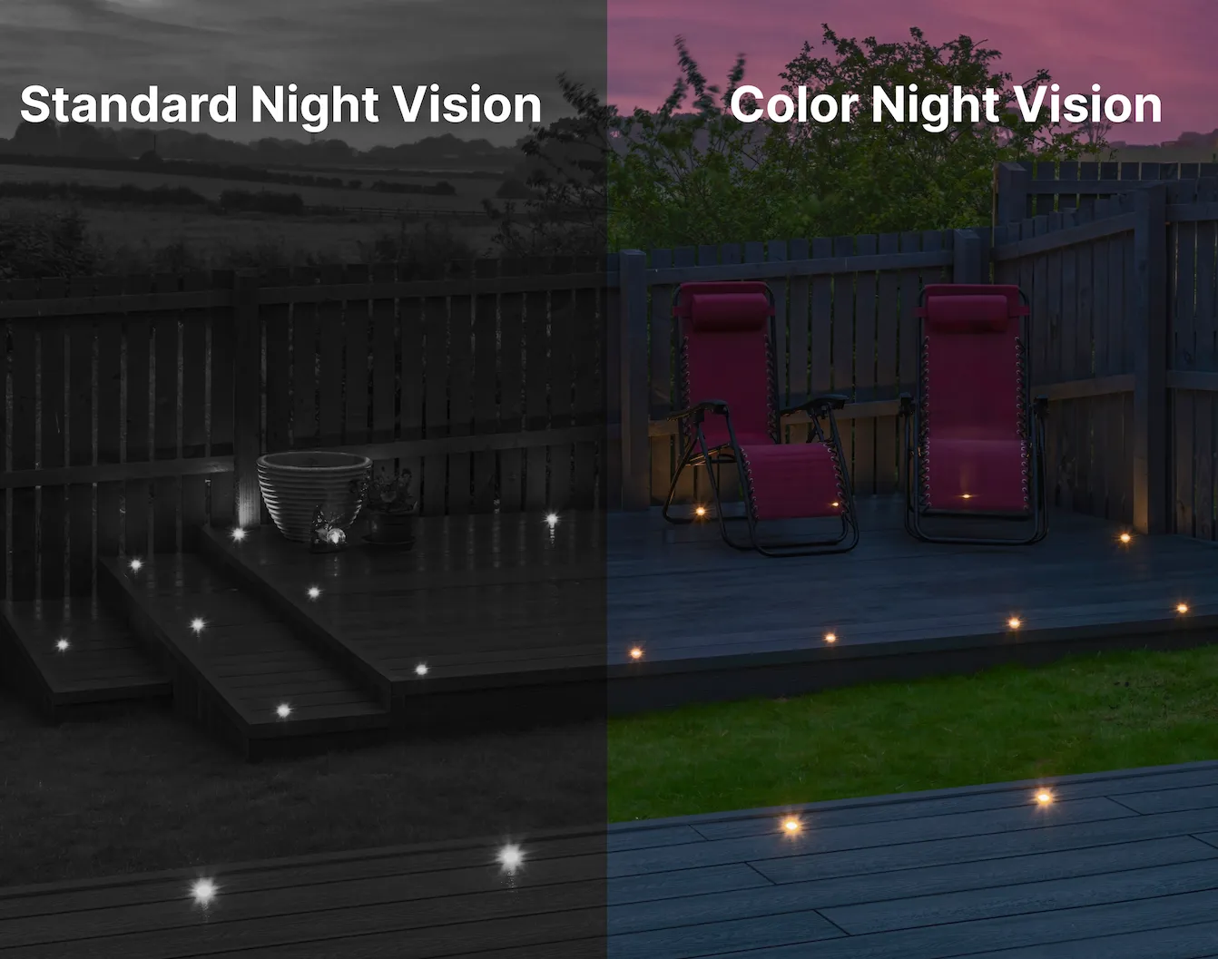Backyard at night shown in standard black-and-white night vision next to color night vision