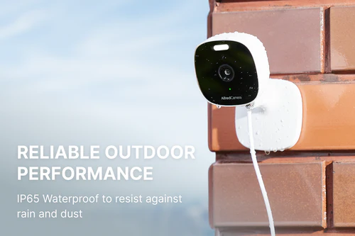 AlfredCam Plus 2 mounted on a brick wall with an IP65 waterproof label