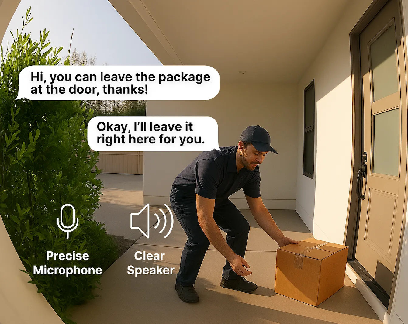 Two-way talk with a delivery person leaving a package at the front door