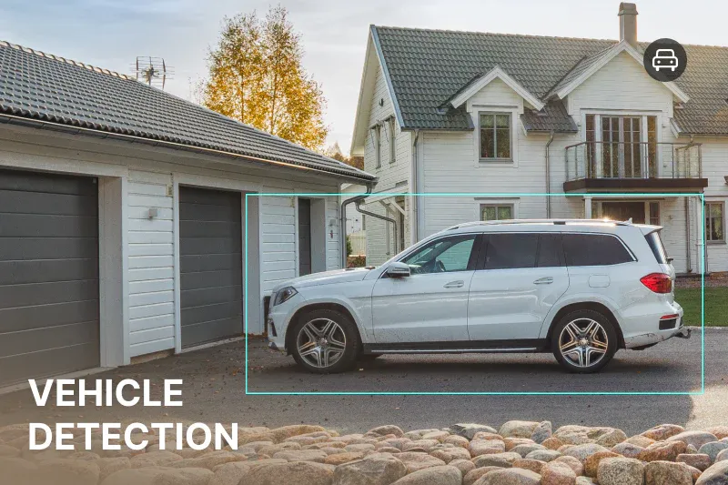 Vehicle detection box around a white SUV parked in a driveway